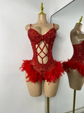 Luxury Women Sexy Shiny Crystal Feathers Hollow Out Bodysuit Nightclub Performance Dance Costume Nightclub Singer Stage Wear