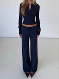 White Ribbed Knit Two Piece Set for Women Slim Button Accent Cardiagns Low Waist Loose Pant Suit for Casual Outings