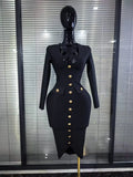 High Quality Women Long Sleeve Sexy V-Neck Buttons Bodycon Midi Bandage Dress Officelady Fashion Evening Party Clothing
