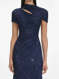 Elegant Business Style Purple Sparkle Gown for Women Asymmetrical Neck Short Sleeves Ruched Waist Skirt for Wedding Toasts