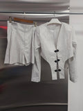 Striped Two Piece Set for Women V Neck Long Sleeve Spliced Button Coat High Waist Shorts Chic Sets Female