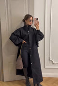 Stylish Solid Stand Collar Button Front Loose Maxi Trench Coat Batwing Long Sleeve Outerwear Women Autumn Daily Office Wear New