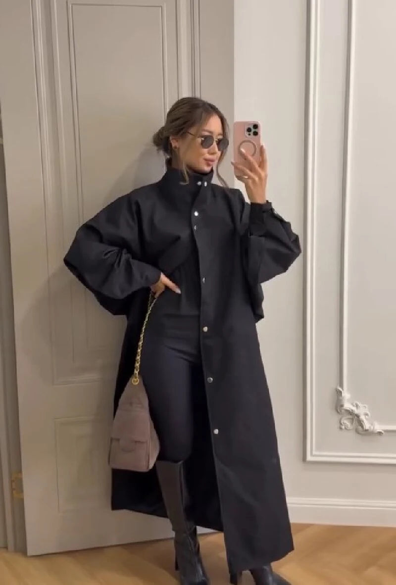 Stylish Solid Stand Collar Button Front Loose Maxi Trench Coat Batwing Long Sleeve Outerwear Women Autumn Daily Office Wear New