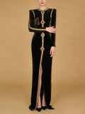 Black Velvet Holiday Celebrations Maxi Gown for Women O Neck Gold Trim Slim Jewel Accent High Slit Dresses for Luxury Dinner