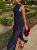 Elegant Spliced Sheer Mesh Dress for Women O Neck Sleeveless High Waist Hit Color Slimming Evening Dresses Female