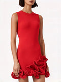 Sleeveless Crew Neck Knit Mini Dress for Women Solid Color 3D Layered Ruffle Trim Bodycon for Club Cocktail Night Out Party
