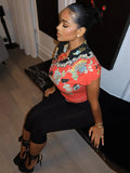Floral Print Lace-Up Hollow Stand Collar Short Sleeve T-Shirts+Skinny Wrap Hip Crop Pants Woman Sexy Fashion Suits