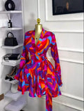 Women Tie Dye Print Flare Long Sleeve Wrap V-neck with Sashes Ruffle Dress 2026 Elegant Vacation Party Birthday Dresses