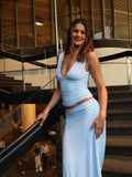 Chic Light Blue 2 Piece Outfit Women Deep V Neck Sleeveless Ruched Crop Top Low Waist Flowy Maxi Skirt Suit Party Matching Sets