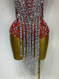 Sparkly Rhinestones Tassels Black Red Bodycon Bodysuits Nightclub Performance Stage Outfit Luxury Birthday Photo Shoot Clothing