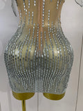 Sexy Sparkly Rhinestones Sleeveless Mesh See-Through Mini Dress Women Eveing Party Dancer Bar Nightclub Stage PhotoShoot Costume