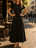 Elegant Beaded Two Piece Set for Women Round Neck Short Sleeve Cropped Top A Line Maxi Skirt for Office Daily Party Suit