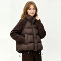 Women Cropped Puffer Jacket Stand Collar Cable Knit Sleeves Patchwork Zip Up Lightweight 2026 Lady Quilted Winter Warm Outerwear