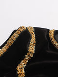 Black Velvet Holiday Celebrations Maxi Gown for Women O Neck Gold Trim Slim Jewel Accent High Slit Dresses for Luxury Dinner