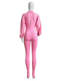 Washed Distressed Jumpsuit Women Ribbed V-Neck Solid SKinny Long Sleeve Fall Casual Trend Simple Activity Streetwear