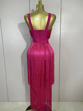 Sexy V-Neck Sleeveless Tassel Bodycon Bandage Dress Women Celebrity Elegant Nightclub Evening Party Birthday Wedding Guest Dress