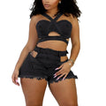 Fashion Denim Cutout Women's Set Wrap Strap Crop Top and Shorts Jeans  Summer Two 2 Piece Sets Outfits Tracksuit