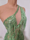 Women Sparkly Rhinestones Tassel Green One Shoulder Sexy See-Through Dress Latin Dance Outfits Bar Nightclub Party Stage Costume