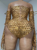 Sexy Sparkly Golden Rhinestones Eyes Stretch Bodysuit Women Eveing Birthday Party Nightclub Bar Singer Dancer DJ Stage Costume