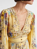 Yellow Floral Print Puff Sleeve Maxi Dress for Women Deep V Neck High Waist Asymmetrical Ruffle Hem Skirt for Garden Parties