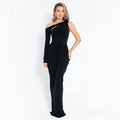 Solid Slimming Spliced Appliques Dresses for Women Slash Neck Long Sleeve High Waist Sexy Dress Female New