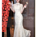 Wedding Dresses Mermaid Long Sleeves Mesh Lace Floral Chesongam Women Elegant Vestidos Stand Collar Chinese Style Dresses