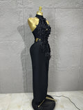 Solid Hollow Out Spliced 3D Flower Elegant Dresses for Women Stand Neck Sleeveless Split Sexy Long Dress Female New
