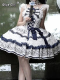 Olivegirl Lolita Dresses New Chinese Style Flower Print Lace Patchwork Sweet Bow Appliques Short Spaghetti Strap Dresses