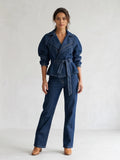 Women Dark Blue Denim Sets Vintage Lapel Belted Peplum Long Sleeve Cuff Top Wide Leg Pants Outfit 2026 Lady Autumn Chic Suits