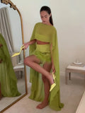 Lime Two Piece Set Long Flowing Cape Crop Top Feather Trim High Waist Mini Skirt 2026 Summer Party Lady Chic Outfit