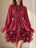 Ruffled Mock Neck Mini Dress for Women Tie Neck Long Sleeve Flare Cuff Self Tie Sash Waist Tiered Ruffle for Party Occasions
