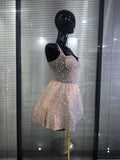 Luxury Women Sexy Strap Shining Rhinestones A-Line Mini Mesh Dress Cute Showgirl Performance Costumes TV Show Stage Wear