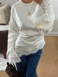 Women Lace Patchwork Satin Top Solid O-neck Back Lace Up Slim Irregular T-shirts Pullover Female Spring Daily Casual Outwear