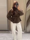 Women Suede Jacket Stand Collar Asymmetric Button Belted Waist Peplum Hem Long Sleeve Loose Retro Casual Outerwear Fashion Coat