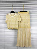 Elegant Two Piece Set For Women Multi Color Hollow Wave Knit Short Sleeve Crew Neck Scallop Hem Maxi Skirt For Daily Commute