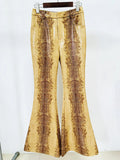 Fashion Women's Snake Pattern Zipper Jacket Flare Pants Two Piece Set 2026 Ladies PU Leather Suit