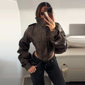 Women's Chic Faux Leather Jacket Fashion Lapel Zipper Irregular Hem Waist Cropped Pu Coat Lady 2026 Spring Chic Street Outerwear