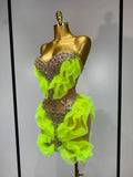 Women Sexy Sparkly Diamonds Strapless Mesh See Through Mini Dress Evening Party Birthday Nightclub Bar Stage Performance Costume
