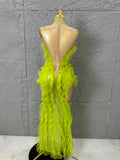 Luxurious Vibrant Ruffled Sheer Crystal-Embellished Pattern Gown Sexy Performance Costume Nightclub Glamorous Formal Event Gown