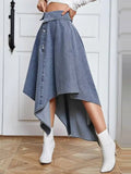 Women Denim Skirt High Waist Button Irregular Asymmetric Hem Flared Baggy European Elegant Daily Chic Summer