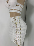 Women's Glitter Crop Top Short Skirt Bandage Sets Nightclub Performance Outfit Two Pieces Party Birthday Clothing