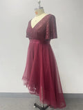 Women Elegant V-neck Ruffle Short Sleeve Evening Dress A-Line Fluffy Gauze Irregular Party Dress Formal High-Low Vestidos