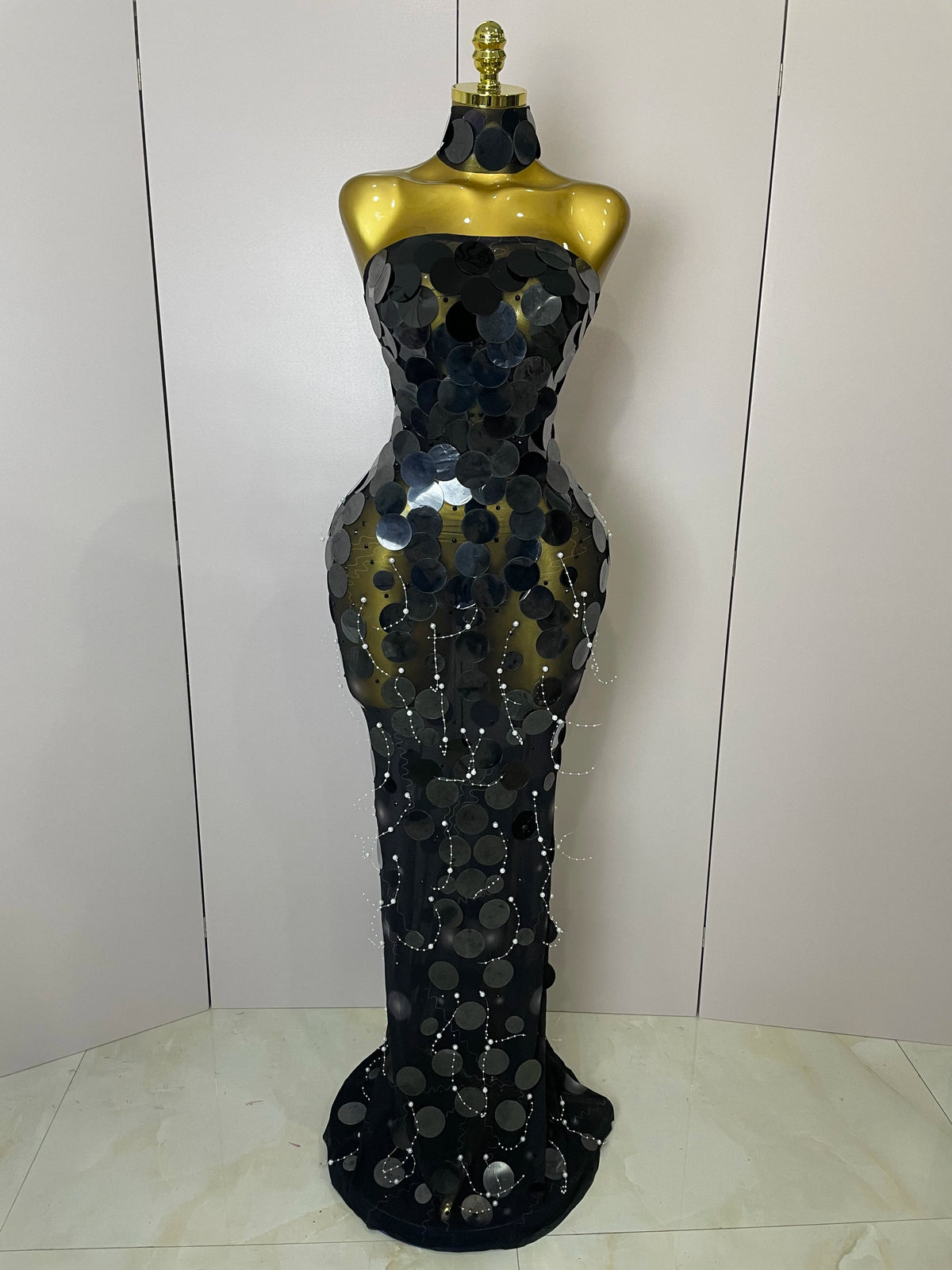 2026 Women Backless Sexy Sparkly Round Sequin Pearl Floor Length Dress Celebrate Birthday Evening Party Queen Drag Costume