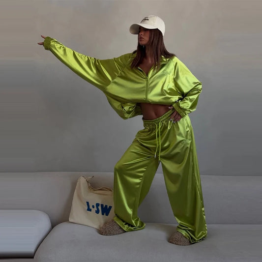 Casual Loose Coats Pants Set Women Full Sleeve Lapel Zippers Solid Coat Long Straight Pleated Pant Sets 2026 Autumn Lady Suit