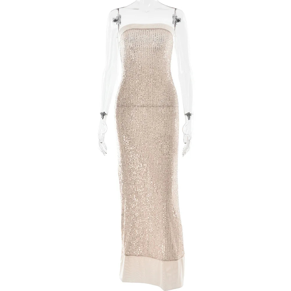 Solid Slimming Fashion Dresses for Women Strapless Sleeveless Patchwork Sequins Midi Split Dress Female Clothing