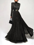 Solid Spliced Belt Slim Pleated Dresses For Women Turtleneck Long Sleeve High Waist Temperament Long Dress Female Clothes