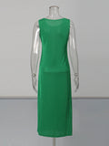 Solid Spliced Tassel Dresses Suit for Women O Neck Sleeveless High Waist Long Dress with Sling Two Piece Set Female