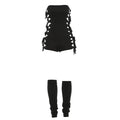 Hollow 2-Piece Set Women Tassel Bandage Low-Neck Sleeveless Backless Playsuits+Simple Leg Sleeve Midnight Sexy Suit
