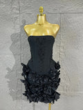 Strapless Corset Bandage Mini DressWomen Hand Beaded 3D Floral Bodycon ShortCocktail Party Wedding Guest Evening Dress