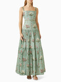 Boho Garden Parties Floral Print Maxi Sundress for Square Collar Sleeveless High Waist Slim Tiered Skirts for Casual Outings